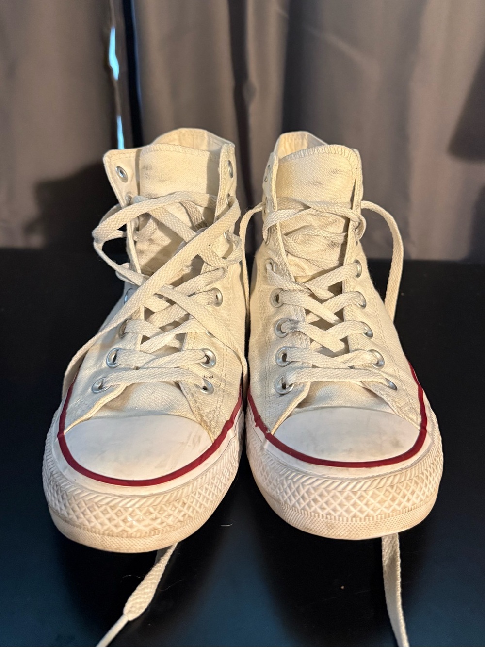 Classic High-Top Canvas Sneakers in Off-White with Red Trim